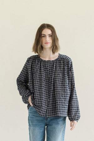 A Bronze Age Easy Blouse (Navy Crinkle Plaid)
