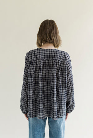 A Bronze Age Easy Blouse (Navy Crinkle Plaid)