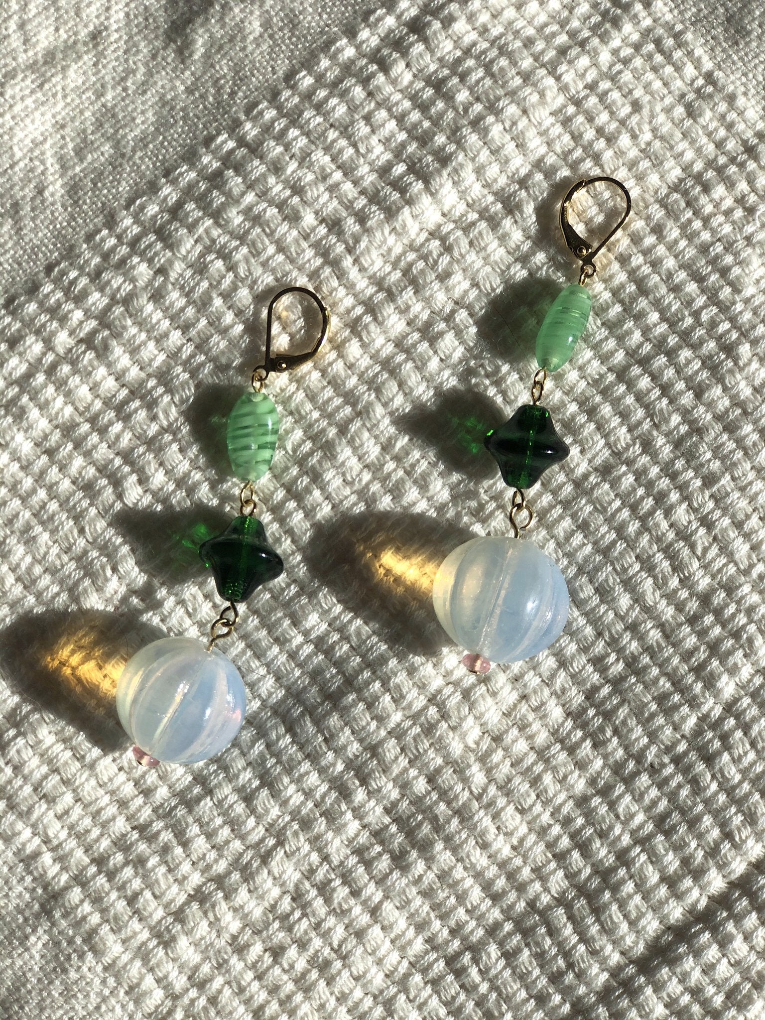 The Dewdrop Shop Opal Emerald Antique Bead Earrings