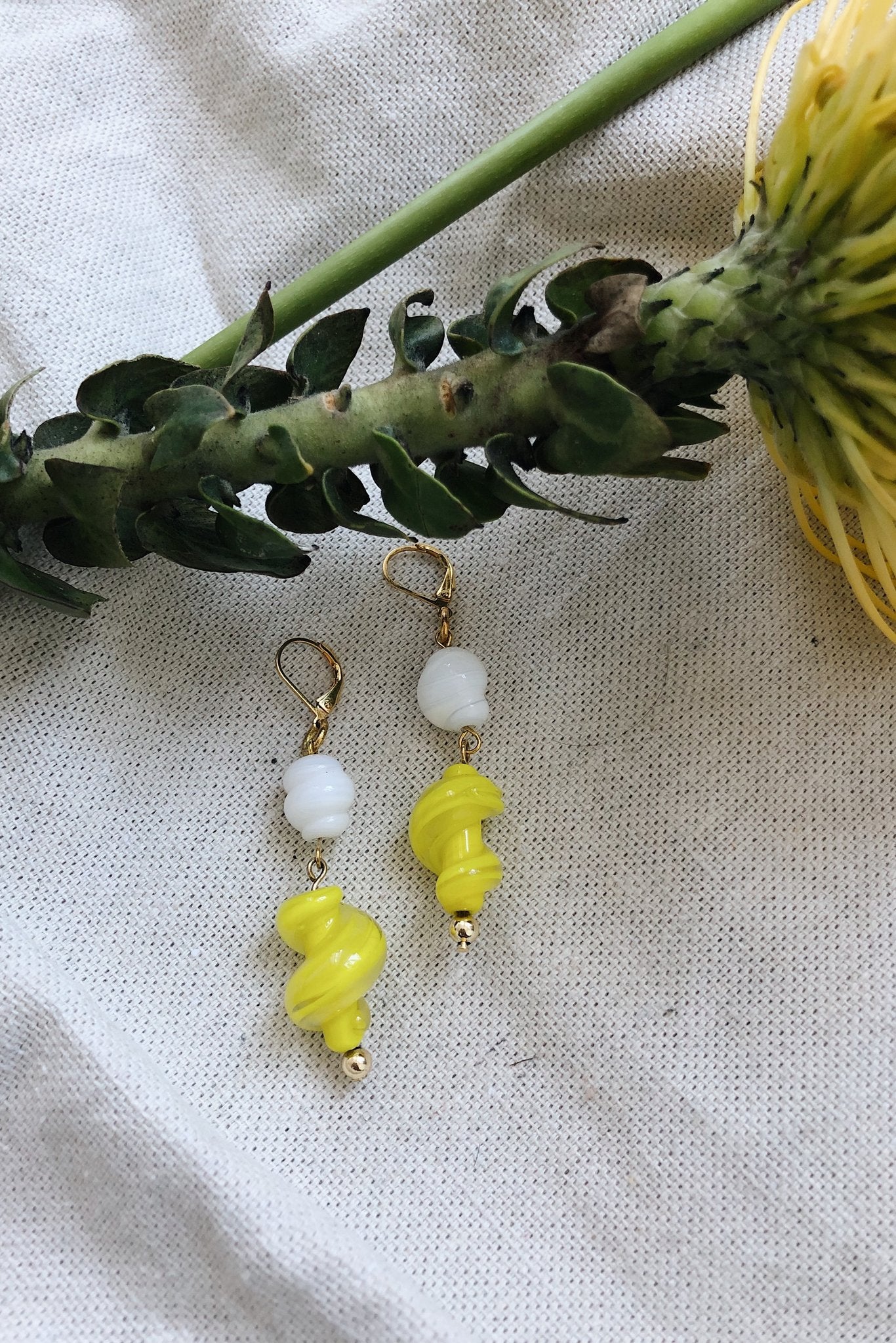 The Dewdrop Shop White and Yellow Antique Bead Earrings